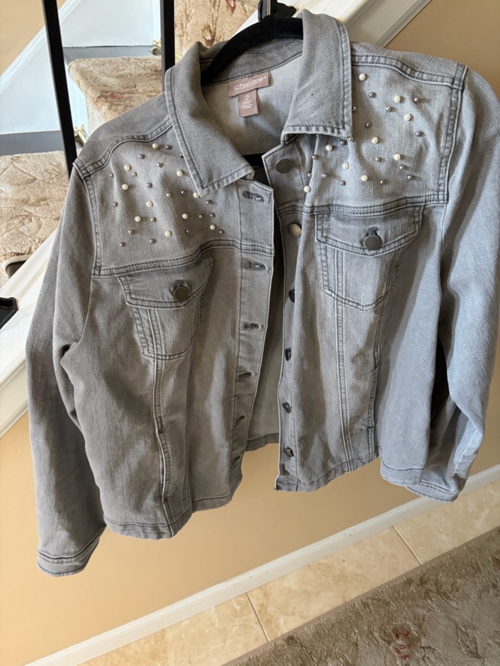 Chico's Light Gray Pearl-Studded Jean Jacket size 2 Large (12-14)!
